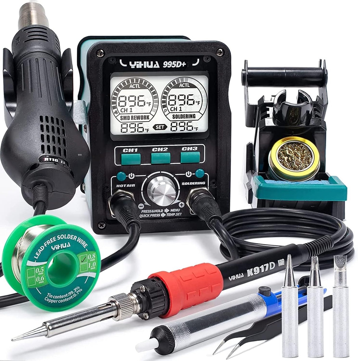 YIHUA 995D+ 2 in 1 Hot Air Rework and Soldering Iron Station with 3 Memories, Large LCD Screen Display, Cool/Hot Air Conversion, Sleep Mode, F /C