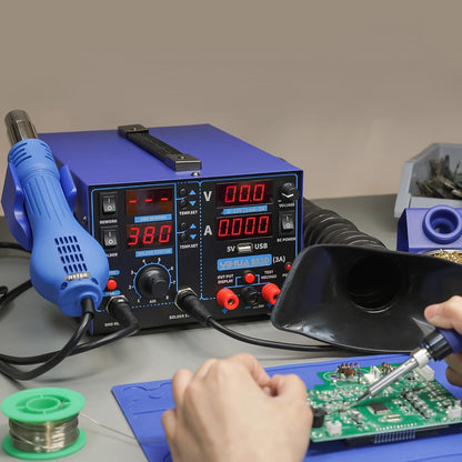 YIHUA 853D USB 3A-Three Tools- Soldering Station, Hot Air Rework Station and Power Supply 0~3A, 0-15V with output and test modes. Also ºC/°F display, Digital Cal, Sleep Function