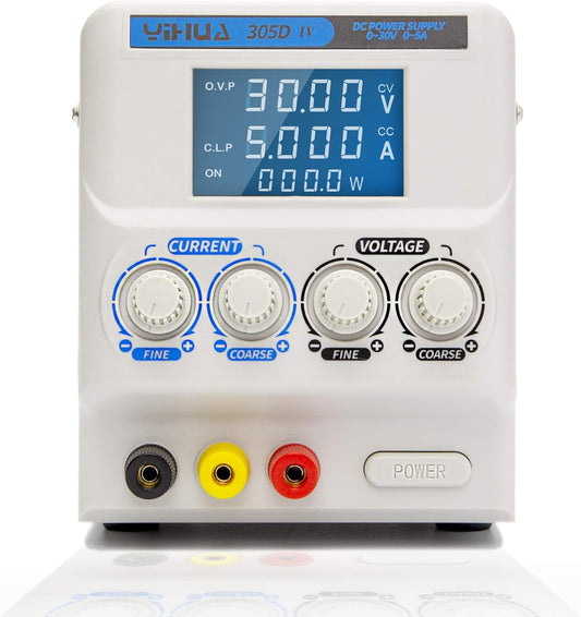 YIHUA 305D-IV Regulated Variable DC Lab Power Supply 0-5A 0-30V Low Noise Bench Switch Mode Power Supply with Alligator Clips, High Precision for R&D, Labs, Laptops, Phone Repair & Electronic DIY