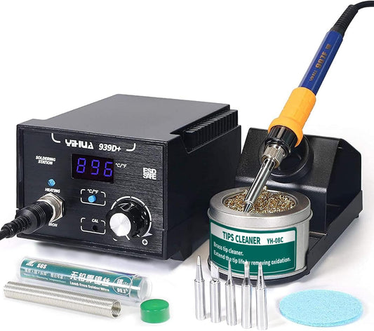 YIHUA 939D+ Digital Soldering Station, 75 Watt Equivalent with Temperature Control, °C/°F Display. ESD safe for Electronics. Aluminum Panel (Resists Burn). Solder Tips, Lead-free Solder & Extras