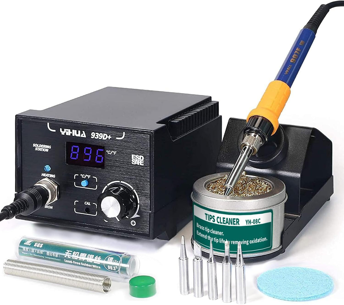 YIHUA 939D+ Digital Soldering Station, 75 Watt Equivalent with Temperature Control, °C/°F Display. ESD safe for Electronics. Aluminum Panel (Resists Burn). Solder Tips, Lead-free Solder & Extras
