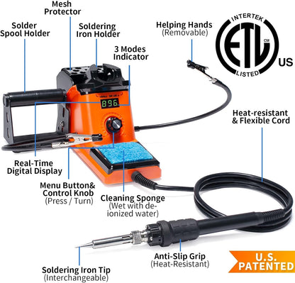 YIHUA 926 III 60W LED Display Soldering Iron Station Kit w 2 Helping Hands, 6 Extra Iron Tips, Roll of Lead-Free Solder, Solder Sucker, S/S Tweezers, °C/ºF Conversion, Auto Sleep & Calibration Support