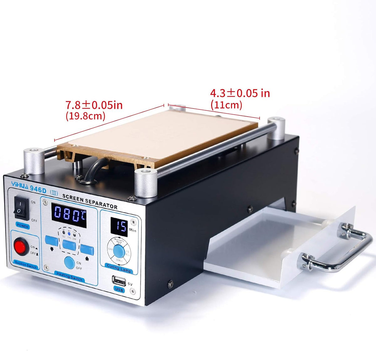 YIHUA 946D-III Digital LCD Screen Separator 5V 1A USB Power Supply & UV Curing Lamp with Built-in Long-Lasting Vacuum Pump for Mobile Phones & Smartphones °F /°C (19.8 cm x 11 cm/ 7.8" x 4.3" ±0.05)