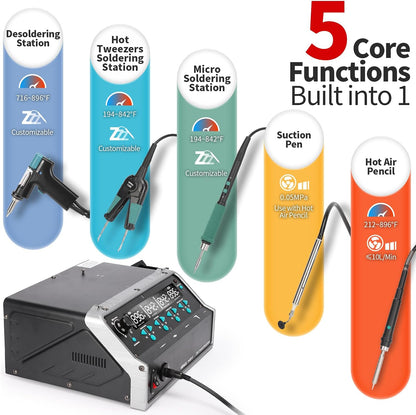 YIHUA 948D V 5-IN-1 Micro Soldering Hot Air Rework Station with C210 Microsoldering Iron, Hot Tweezers Iron, Desoldering Tool, Hot Air Pencil, Suction Pen for BGA SMD Rework Under the Microscope