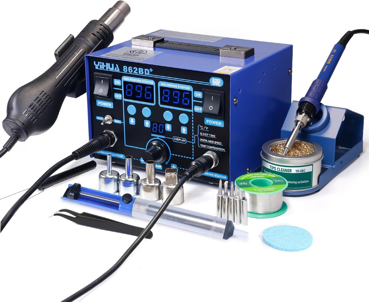 YIHUA 862BD+ SMD ESD Safe 2 in 1 Soldering Iron Hot Air Rework Station °F /°C with Multiple Functions