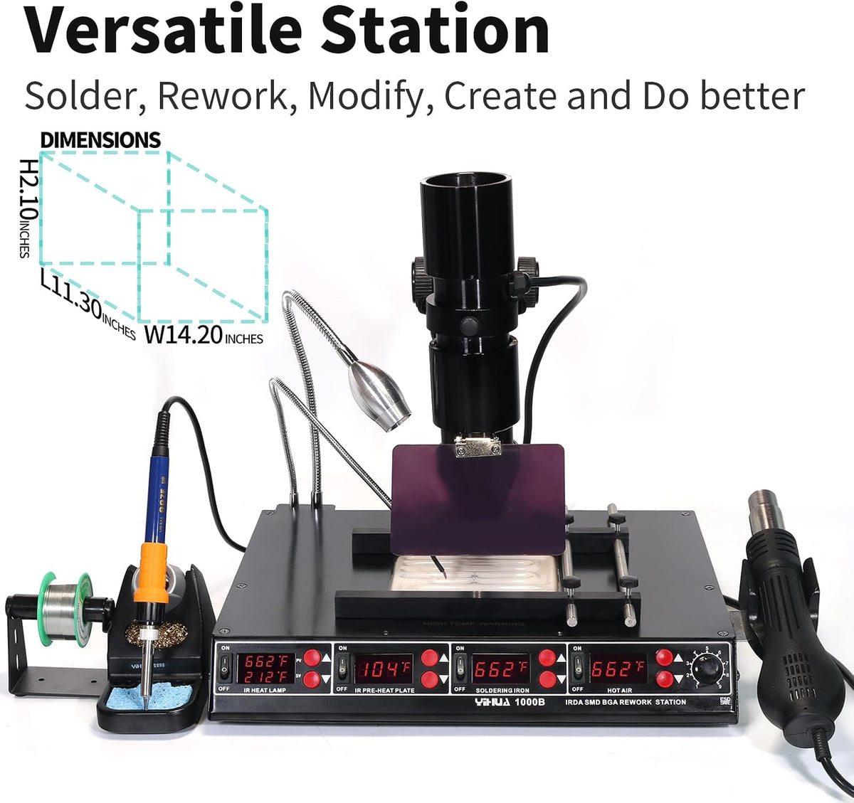 YIHUA 1000B- 4 in 1 Station - IR Infrared BGA, Preheater, Soldering Station and Hot Air Rework Station, plus a Temp Sensor, ºC/°F display, PCBs Holder, LED Lamp and more.