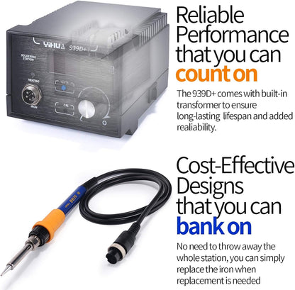 YIHUA 939D+ Digital Soldering Station, 75W Equivalent with Precision Heat Control (392°F to 896°F) and Built-in Transformer. ESD Safe, Lead Free with °C/°F display (Black)