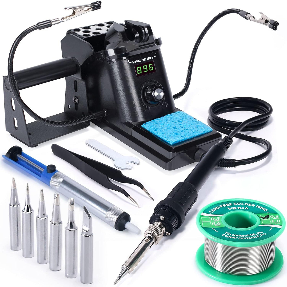 YIHUA 926 III 60W LED Display Soldering Iron Station Kit w 2 Helping Hands, 6 Extra Iron Tips, Roll of Lead-Free Solder, Solder Sucker, S/S Tweezers, °C/ºF Conversion, Auto Sleep & Calibration Support