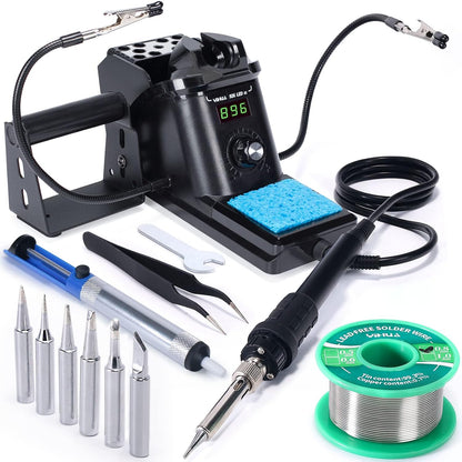 YIHUA 926 III 60W LED Display Soldering Iron Station Kit w 2 Helping Hands, 6 Extra Iron Tips, Roll of Lead-Free Solder, Solder Sucker, S/S Tweezers, °C/ºF Conversion, Auto Sleep & Calibration Support