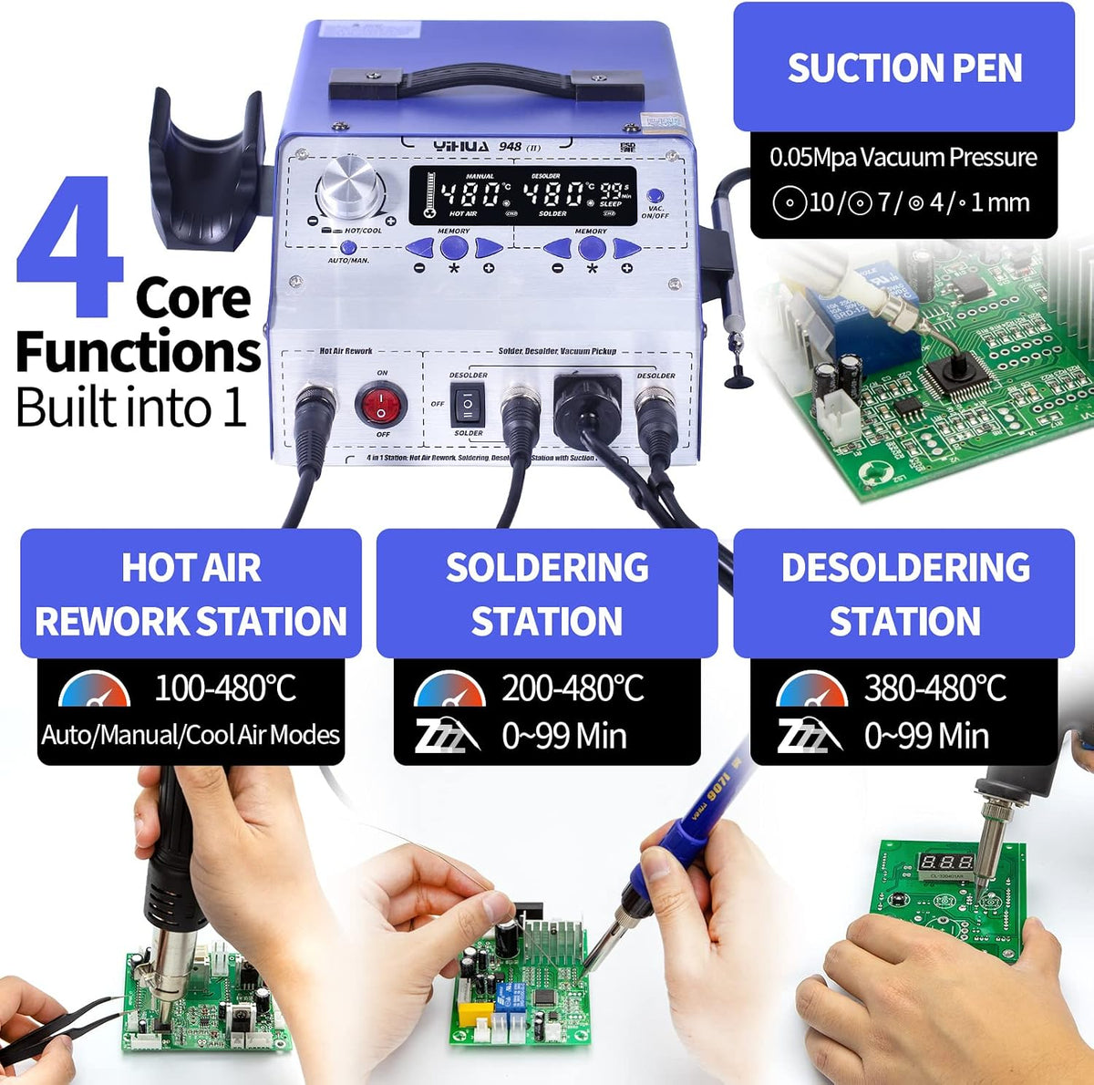 YIHUA 948-II 4 in 1 Hot Air Rework Soldering Iron and Desoldering Suction Tin Gun Station with Suction Pick Up Pen °F /°C
