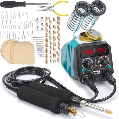 YIHUA 939D-VII Pyrography Tool Wood Burning Pen Kit Station 2-in-1 Solid-Point 200~480°C (with Temp Display)/Wire-Nib 250~750°C with 23 Nibs, 25 Solid Points, 4 Woodpieces