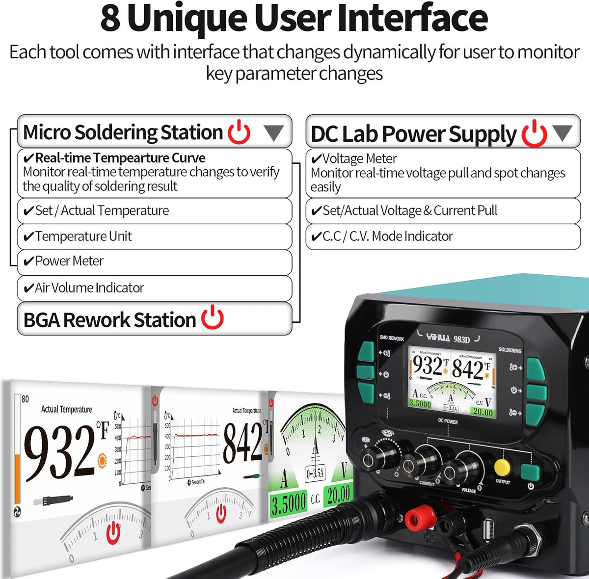 YIHUA 983D 3-IN-1 Micro Soldering Station, BGA Hot Air Rework Station, Lab Variable DC Power Supply