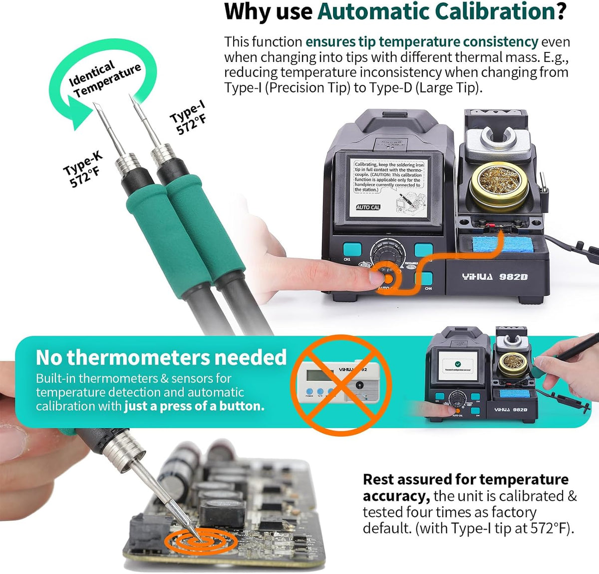 YIHUA 982D Precision Soldering Station with 3 C210 & 3 C245 Soldering Tips, Lead-Free Solder Wire, C210 & C245-Compatible Handpiece, AUTO Temp. Calibration, Sleep Mode, Full-Color Display.