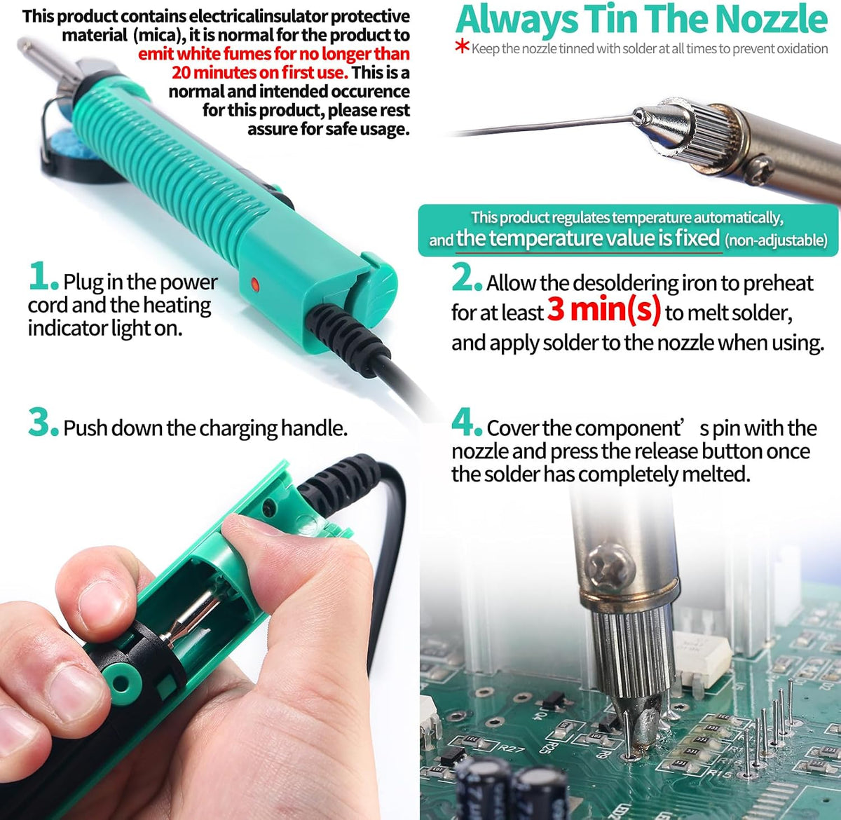 YIHUA 929D-V Electric Desoldering Soldering Iron Solder Sucker Desoldering Pump with Shorter Charging Handle and Desoldering Nozzles 1.0mm 1.2mm for Through-Hole Desoldering