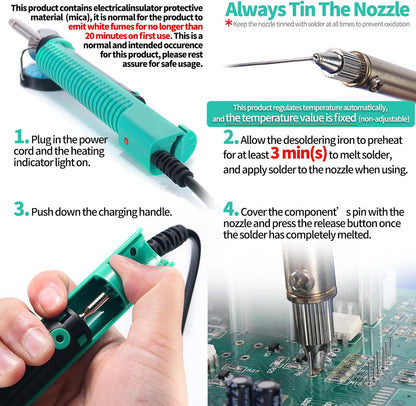 YIHUA 929D-V Electric Desoldering Soldering Iron Solder Sucker Desoldering Pump with Shorter Charging Handle and Desoldering Nozzles 1.0mm 1.2mm for Through-Hole Desoldering