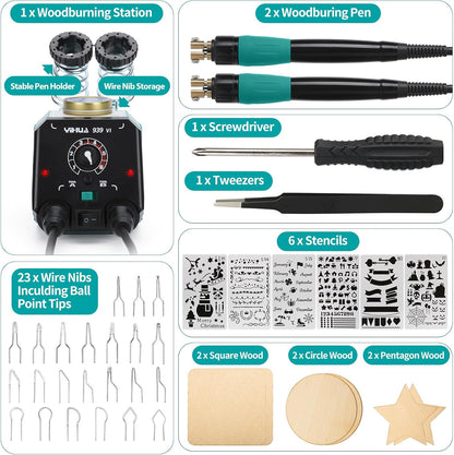 YIHUA 939-VI Dual Wood Burning Pen Wood Burning Kit with 23 Wire Nib in Varied Shapes, Detachable Pyrography Pen, 6 Wood Pieces, 6 Stencils and Screw Driver, Tweezers Used as Wood Burning Tool